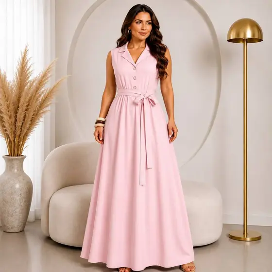 Vestido Longo Feminino  Acinturado com Faixa e Botões Moda Evangélica Elegante