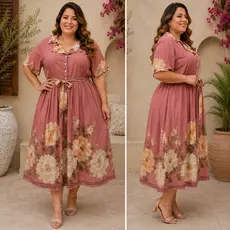 Vestido Plus Size Longo Estampado Floral Manga Curta com Bolsos Moda Evangélica Premium
