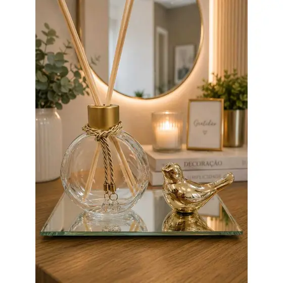 Difusor de Aromas Luxo Passarinho Dourado com Bandeja Espelhada