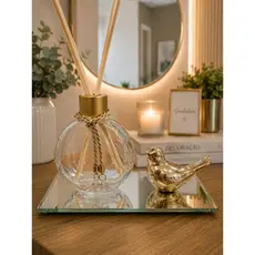 Difusor de Aromas Luxo Passarinho Dourado com Bandeja Espelhada