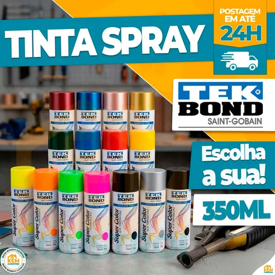 Tinta Spray Tekbond 350ml Uso Geral Varias Cores Alta Temperatura Metálica e Luminosa