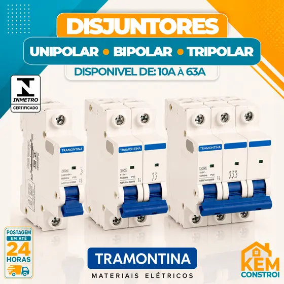 Disjuntor Tramontina Unipolar/Bipolar/Tripolar 10A a 63A DIN Curva C Original
