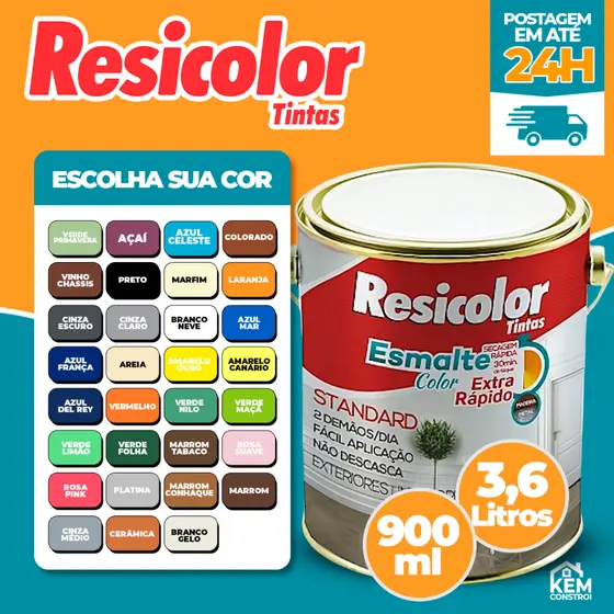 Tinta Esmalte Sintético 900ml E 3,6l Cores Diversas Resicolor Para Madeira Metal Aço Secagem Rapida