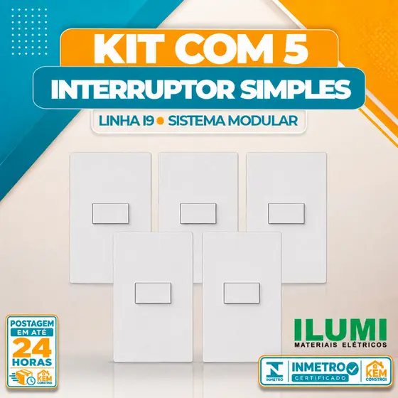 Kit 05 Interruptor Simples Ilumi I9 Horizontal Branco 4x2 Completo