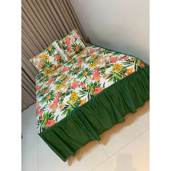 Lençol Colcha Cama Queen Padrão Em Malha C/ Babado E Fronhas