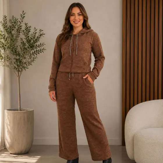 Conjunto Feminino Moletom com Capuz Zíper e Calça Pantalona Mescla Confortável envio rápido
