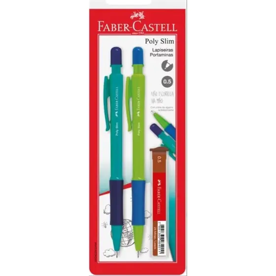 Lapiseira Faber-Castell Poly Slim 0.5mm - Kit Com 1 Azul e 1 Verde Grátis Refil de Grafite