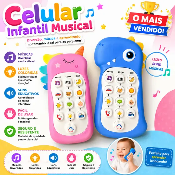 Celular Infantil Telefone Interativo Musical Unicórnio Bebê ou celular Dinossauro Mordedor