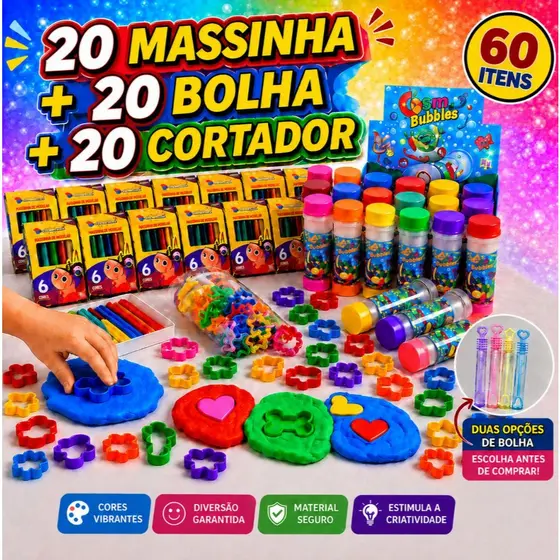 Kit 20 Cx Massinha de Modelar + 20 Bolha de Sabão + 20 Cortador Molde Festa Lembrancinha Infantil