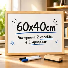 Quadro Lousa Escolar Branco 60x40 Moldura em Madeira com Apagador e Marcadores