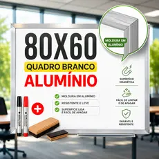Lousa Branca Quadro Branco 80x60cm + 2 Pincel Marcadores + 1 Apagador Didática Média Aluminio