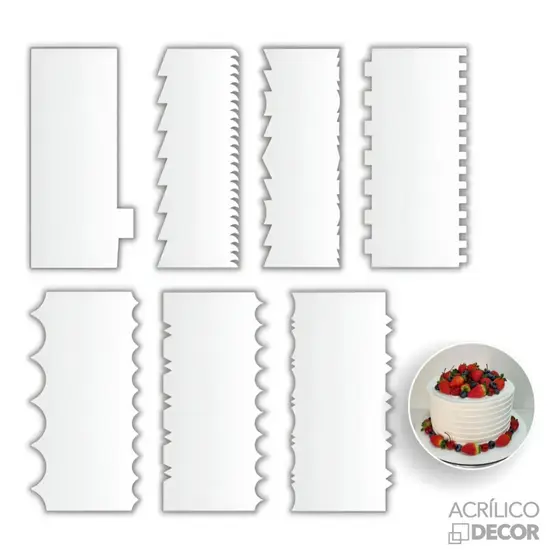 Kit Espátulas de Bolo em Acrílico 7 UN | Alisadora Em Acrilico - Confeitaria, Decoração, Texturas
