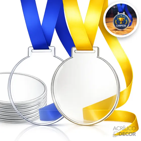 Medalha Acrílico Cristal 2mm 7cm Com Fita ( Kit 30 / 50 / 100 unidades ) Premiação Campeões