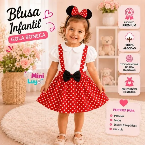 Fantasia Minnie Salopete Conjunto Infantil e Blusa Gola Boneca Tiara de Orelhinhas Mesversário menina bebê