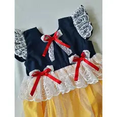 Jardineira Romper body Branca de Neve mesversário 1 ano bebê com renda e fita de cetim