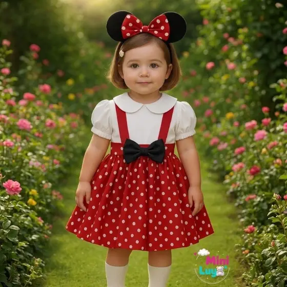 Conjunto Infantil Menina Salopete Minnie Com Laço E Blusa Vestido Jardineira Festa Casual Premium