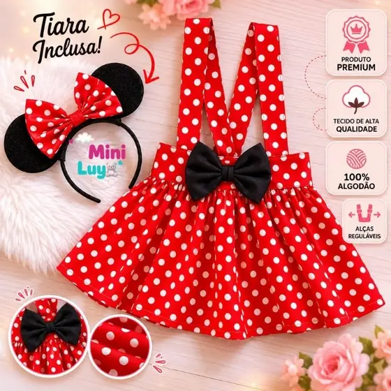 FANTASIA SALOPETE MINNIE INFANTIL VERMELHA  COM TIARA ALÇAS REGULÁVEIS ALGODÃO MENINA  MESVERSÁRIO FESTA