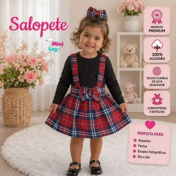 SAIA INFANTIL SALOPETE FLANELA ALGODÃO FEMININA FESTA JUNINA FOTOS MENINA TEMÁTICA