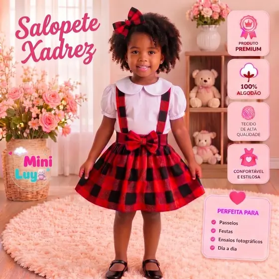SAIA XADREZ INFANTIL COM SUSPENSÓRIOS FLANELA FESTA JUNINA FOTOS ALGODÃO