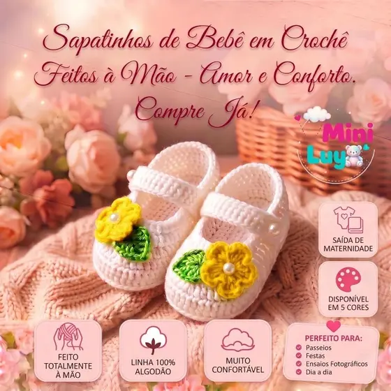 SAPATINHO DE CROCHÊ INFANTIL ALGODÃO BEBÊ LINHA PREMIUM