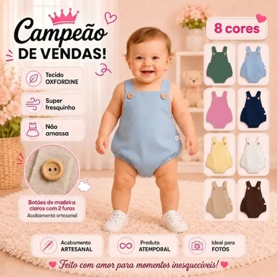 Jardineira Infantil Bebê Romper Macaquinho de Criança Oxfordine Smash The Cake Ensaio Fotográfico