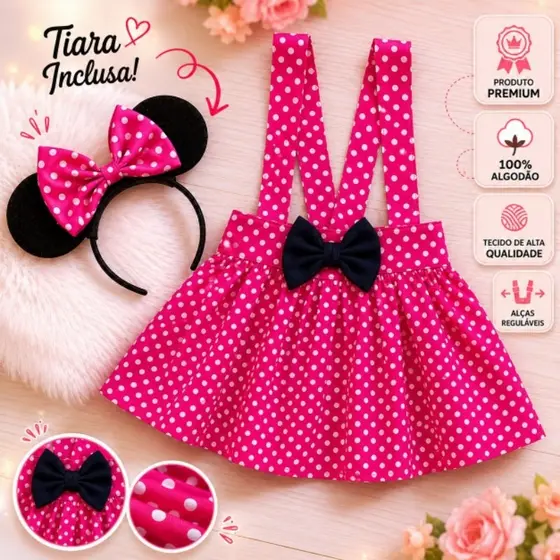 Salopete Infantil Menina Minnie com Tiara 100% Algodão Fantasia Feminina Vestido Jardineira