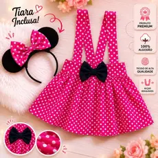 Salopete Infantil Menina Minnie com Tiara 100% Algodão Fantasia Feminina Vestido Jardineira