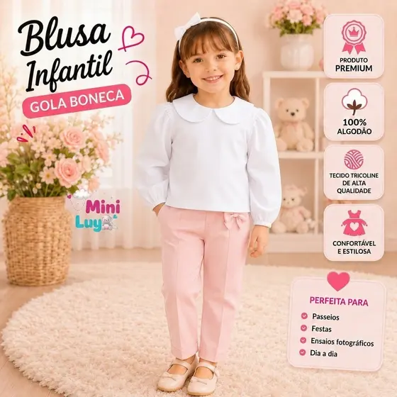 Blusa Infantil Gola Boneca Manga Longa Princesa Menina Tricoline 100% Algodão Camisa Premium