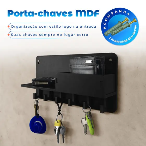 Porta Chaves Carteira Crachás Organizador em MDF de Parede com Prateleira e Ganchos
