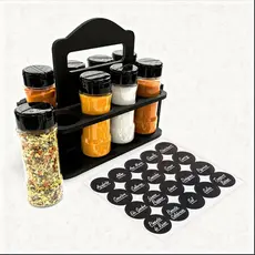 Potes de Tempero 130ml com Tampa Dupla + 1 Suporte Madeira com Alça + Etiquetas Adesivas