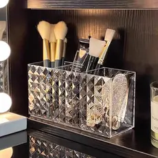 Porta Pincel  3 Divisorias Acrílico Maquiagem Diamante Organizador De Mesa Batom Banheiro Quarto Escritório