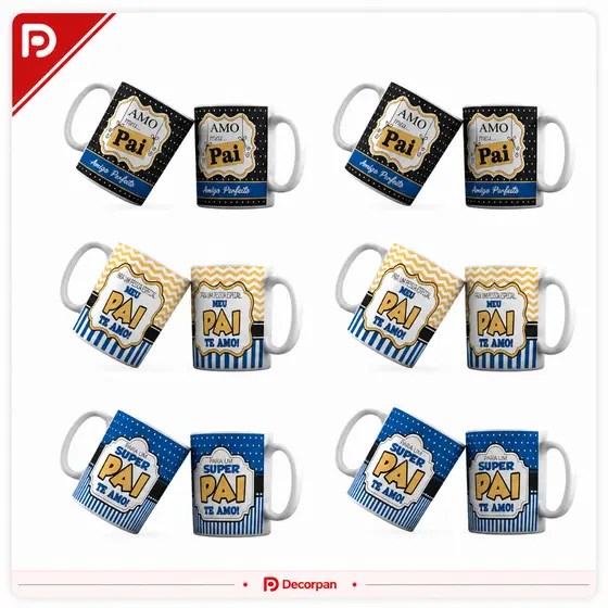Kit 06 Canecas de Porcelana 300ml Dia Dos Pais