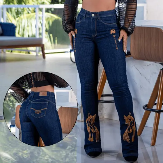 Calça Jeans Feminina Country Flare Bordada Carpinteira Com Elastano Lycra ALTO PADRÃO