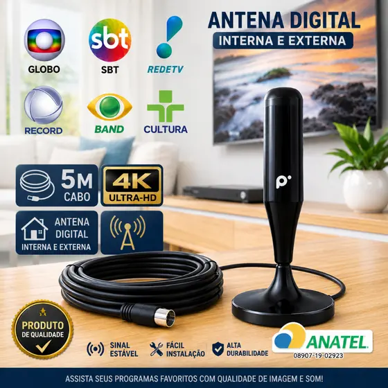 Antena Digital Multifunciona Interna e Externa Para Tv Full Hdtv 4k Base Magnética