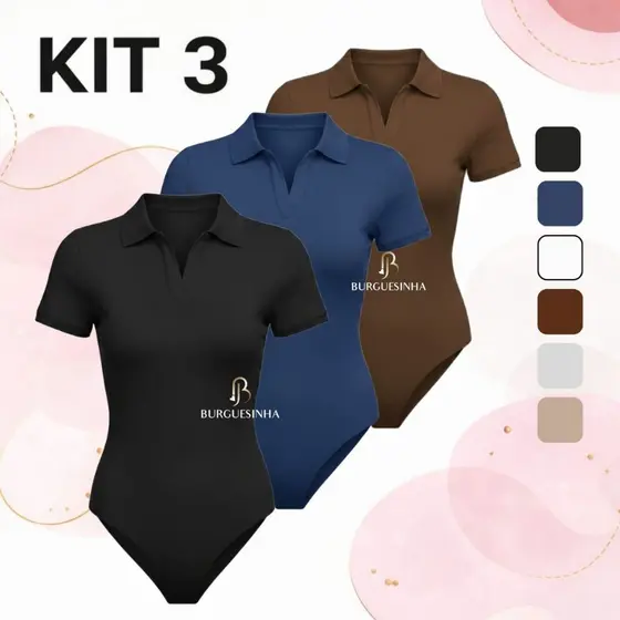 Kit 3 Body Feminino Polo  Bori Suplex Duplo Premium Confortável Estilo Casual Elegante Chic