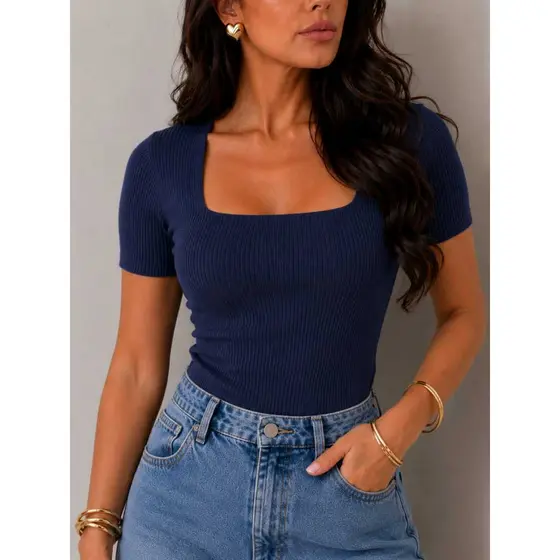 Blusa Canelada Feminina Decote Quadrado Manga Curta Elegante Básica Dia a Dia LookBySo