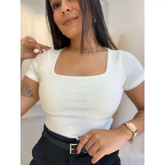 Blusa Básica Feminina Blusinha Decotada Decote Quadrado Canelada de Algodão Elegante Casual