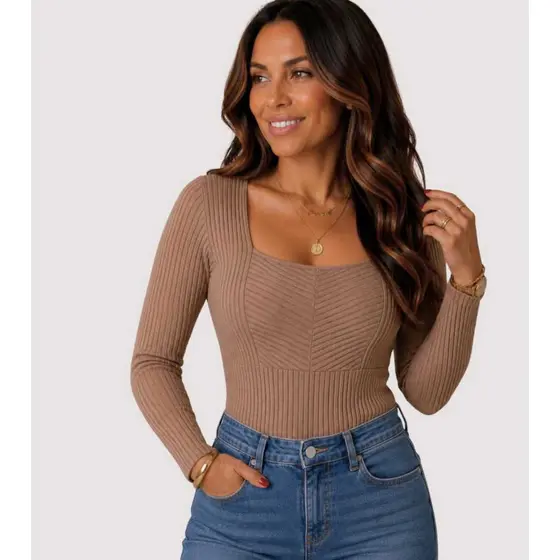 Blusa Feminina Canelada Manga Longa Decote Quadrado RECORTADA Justa Blusinha Dia a Dia Elegante
