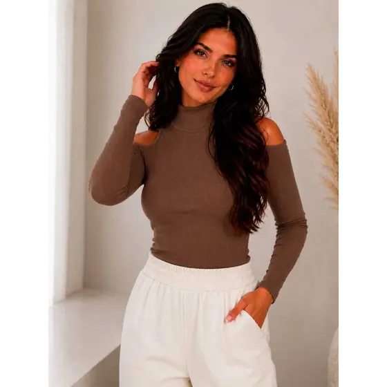 Blusa Canelada Feminina  Decote Ombro Gola Alta Manga Longa Blusinha  Casual Elegante Dia a Dia