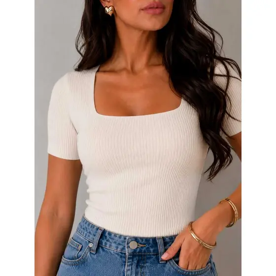 Blusa Feminina Canelada Básica Decote Quadrado Manga Curta Dia a Dia Casual Elegante Trabalho