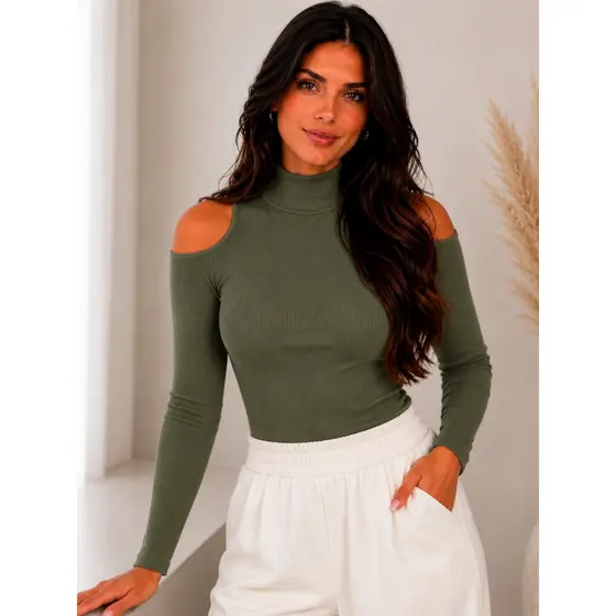 Blusa Canelada Feminina Decote Ombro Manga Longa Blusinha Casual Decote Ombro  Vazado