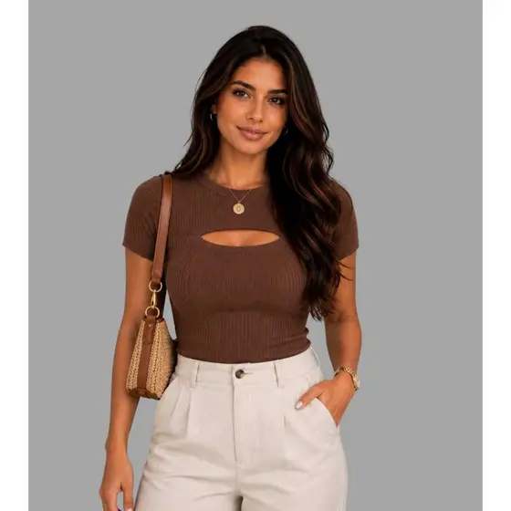 Blusa Feminina Decote Vazado Manga Curta Blusinha Casual Elegante Dia a Dia Trabalho