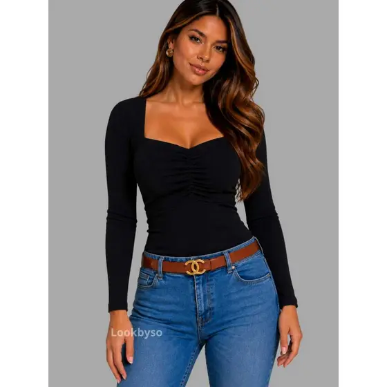 Blusa Feminina Canelada com Franzido no Busto Manga Longa Look Casual Dia a Dia Trabalho