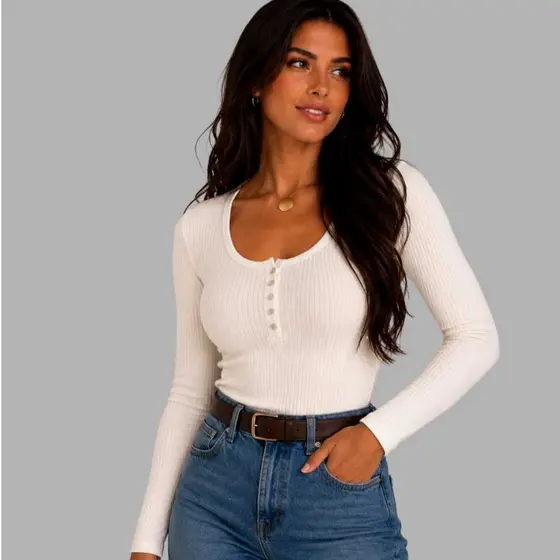 Blusa Básica Frio Canelada Feminina Gola Redonda Botões Funcionais Suéter Manga Longa Casual