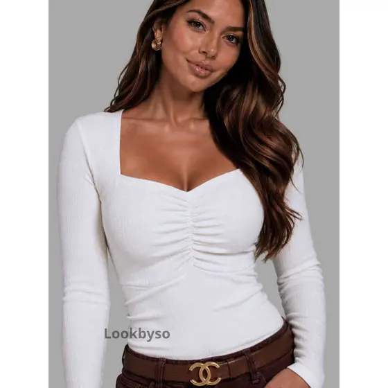 Blusa Feminina Canelada Manga Longa Decote Franzido Tecido Premium Look Casual Elegante Dia a Dia