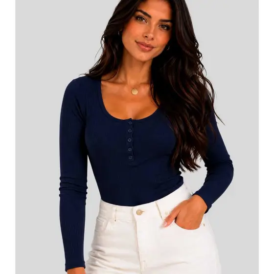 Blusa Básica Frio  Feminina Canelada Decote Redondo Botões Funcionais Suéter Feminino Manga Longa