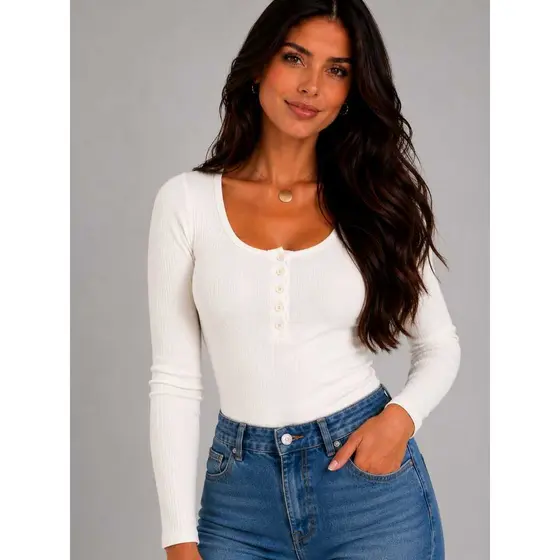 Blusa Canelada Feminina Manga Longa Botões Funcionais Suéter Segunda Pele Dia a Dia Trabalho Casual