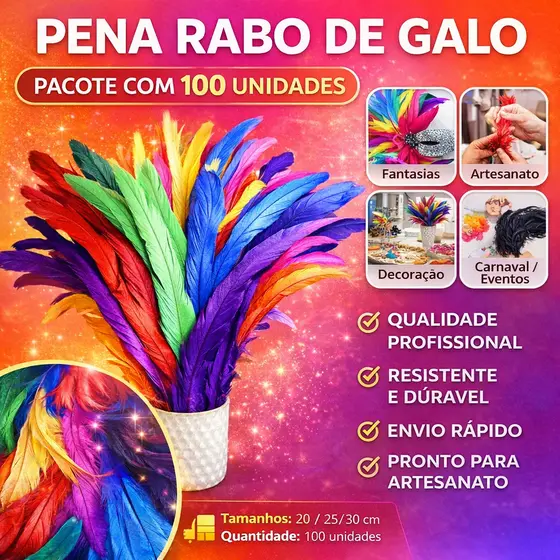 Pena Rabo de Galo Natural 20 25 30cm – Pacote c/100 Unidades – Pluma para Carnaval Fantasia Artesanato