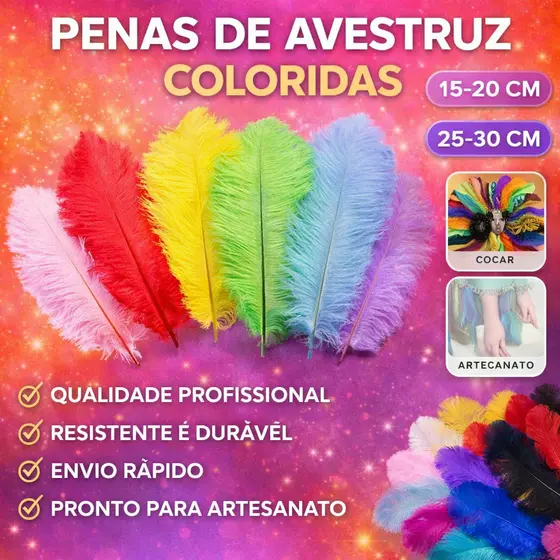 6 Penas de Avestruz Naturais Coloridas 15-20cm ou 25-30cm – Artesanato, Cocar, Fantasia, Decoração