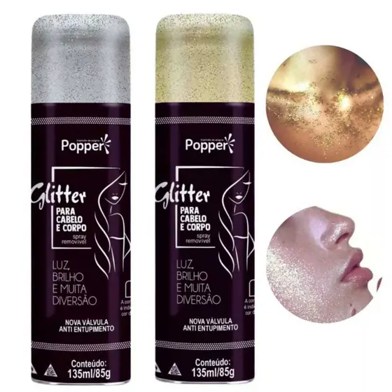 Popper Glitter Spray Para Cabelo e Corpo -  Alta Fixação Perfeito  Cheiroso cor prata e dourado 9618-SL/GD